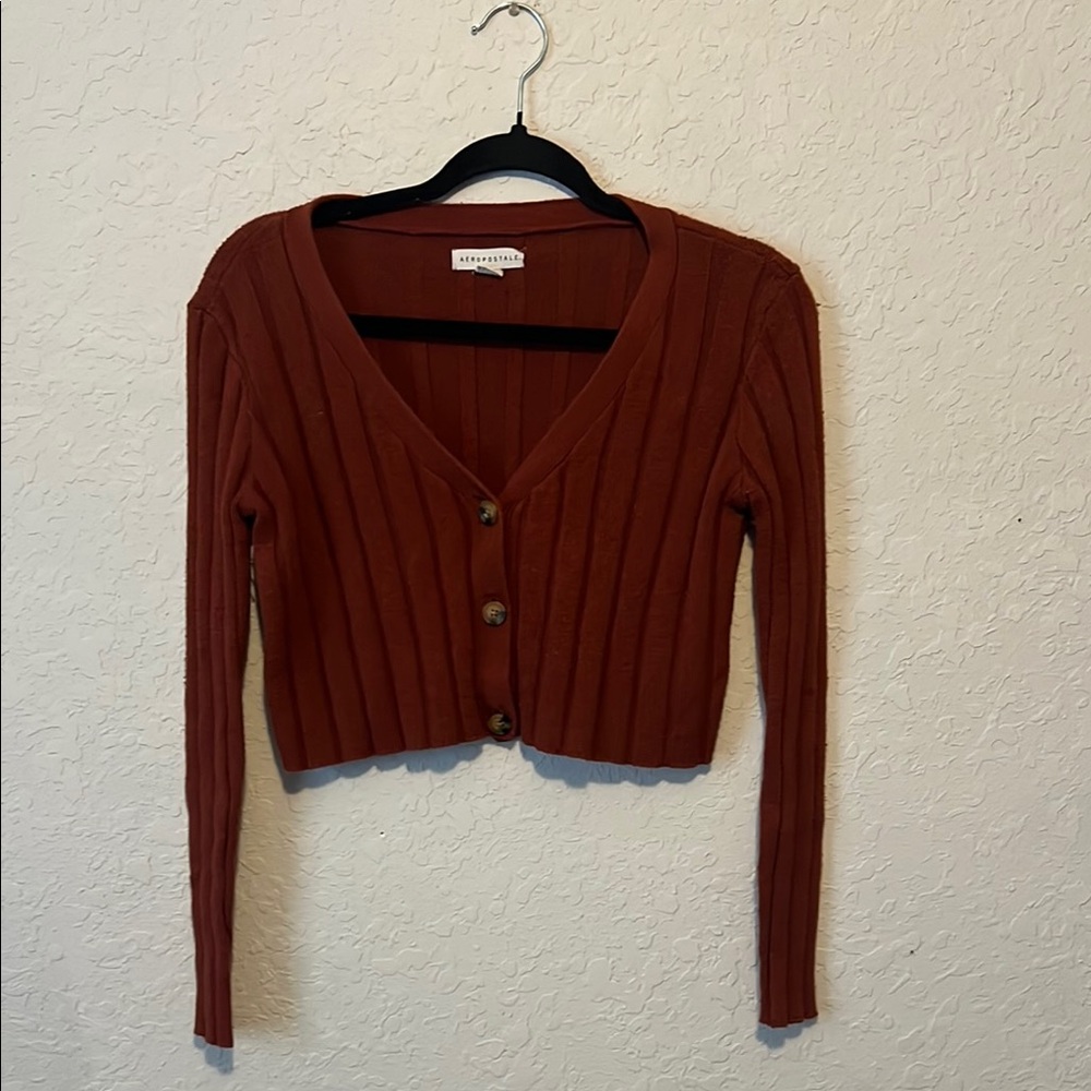 Aeropostale Rust Cropped Cardigan Sweater with Ribbed Knit